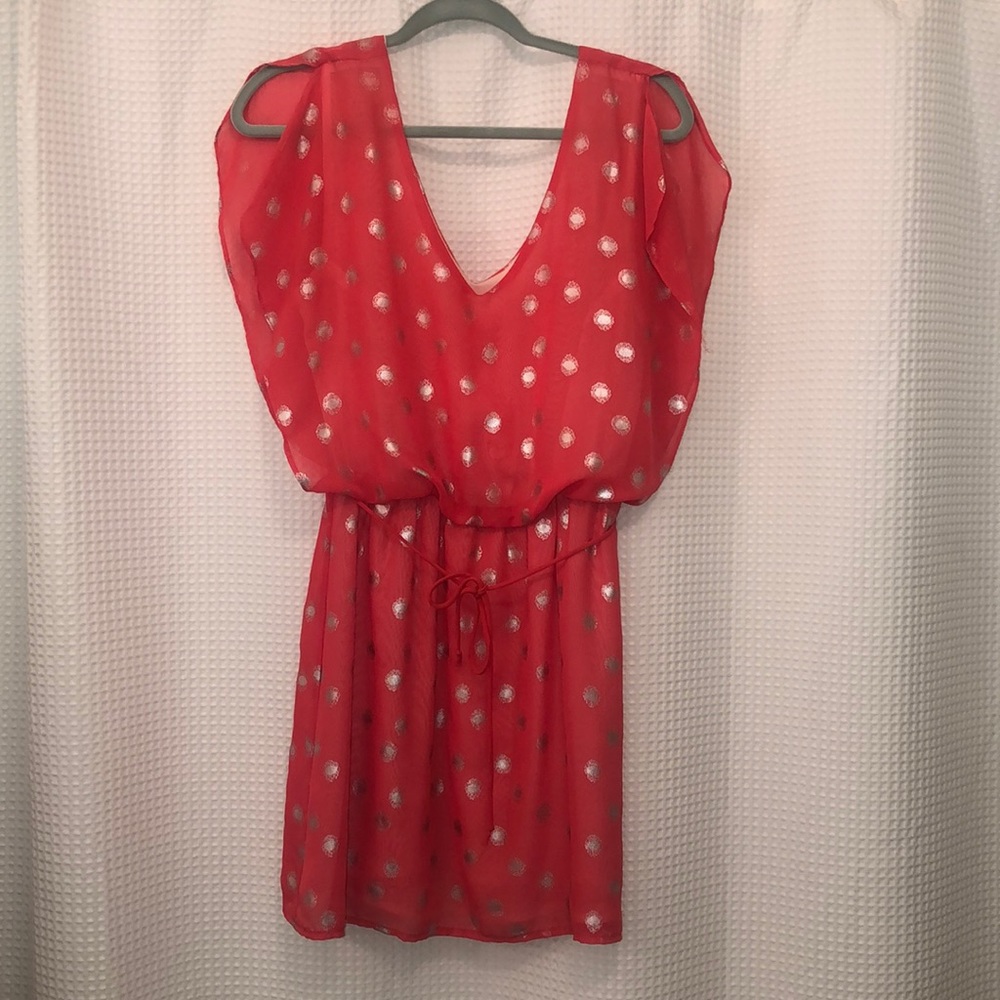 Silver and peach/salmon polka dotted dress